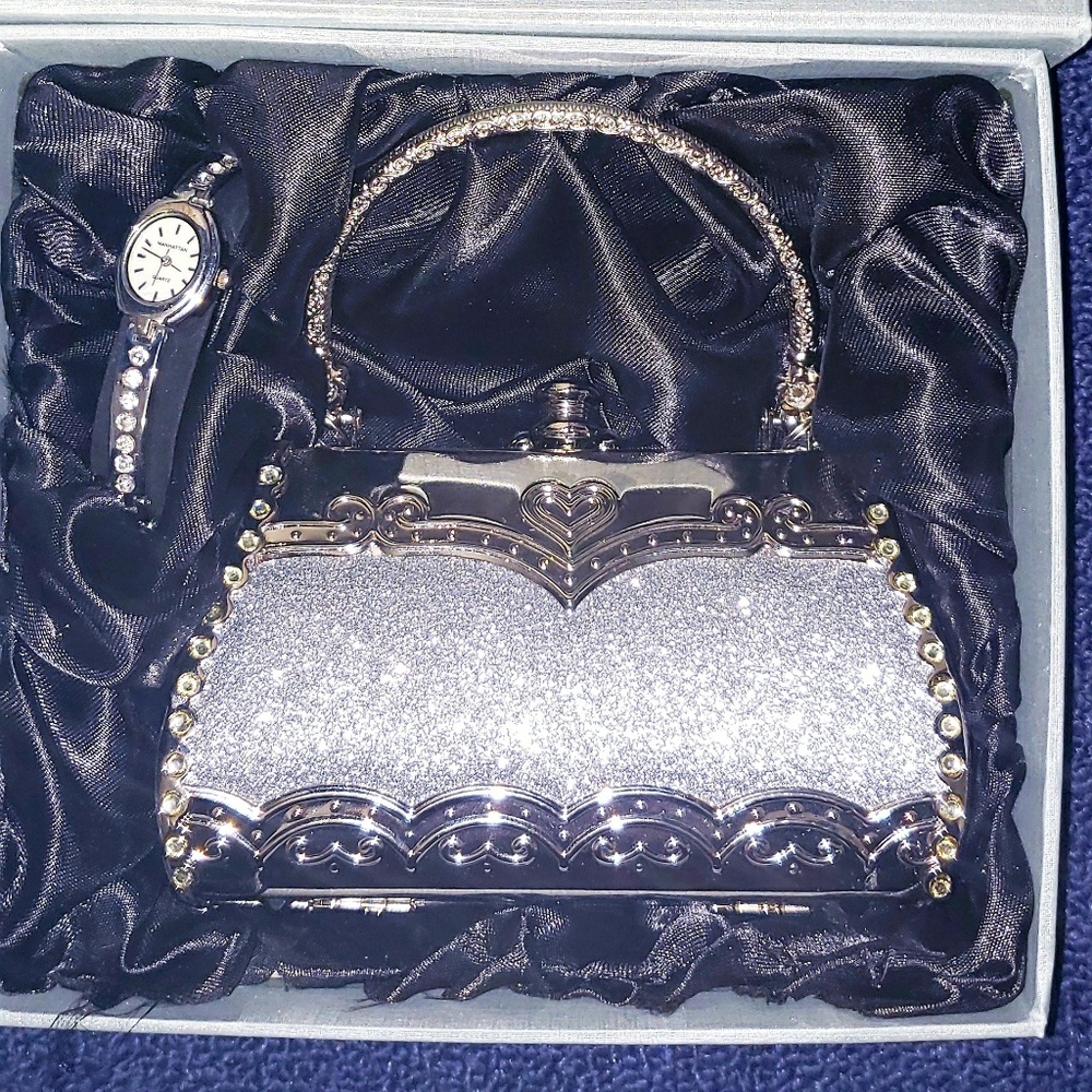 SILVERTONE EVENING PURSE W/ DETACHABLE STRAP